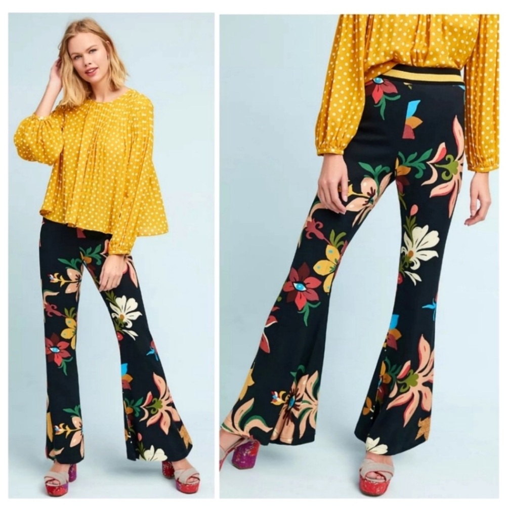 Farm Rio Calla Flared Pants Black Floral Size XS Anthropologie - Picture 8 of 14